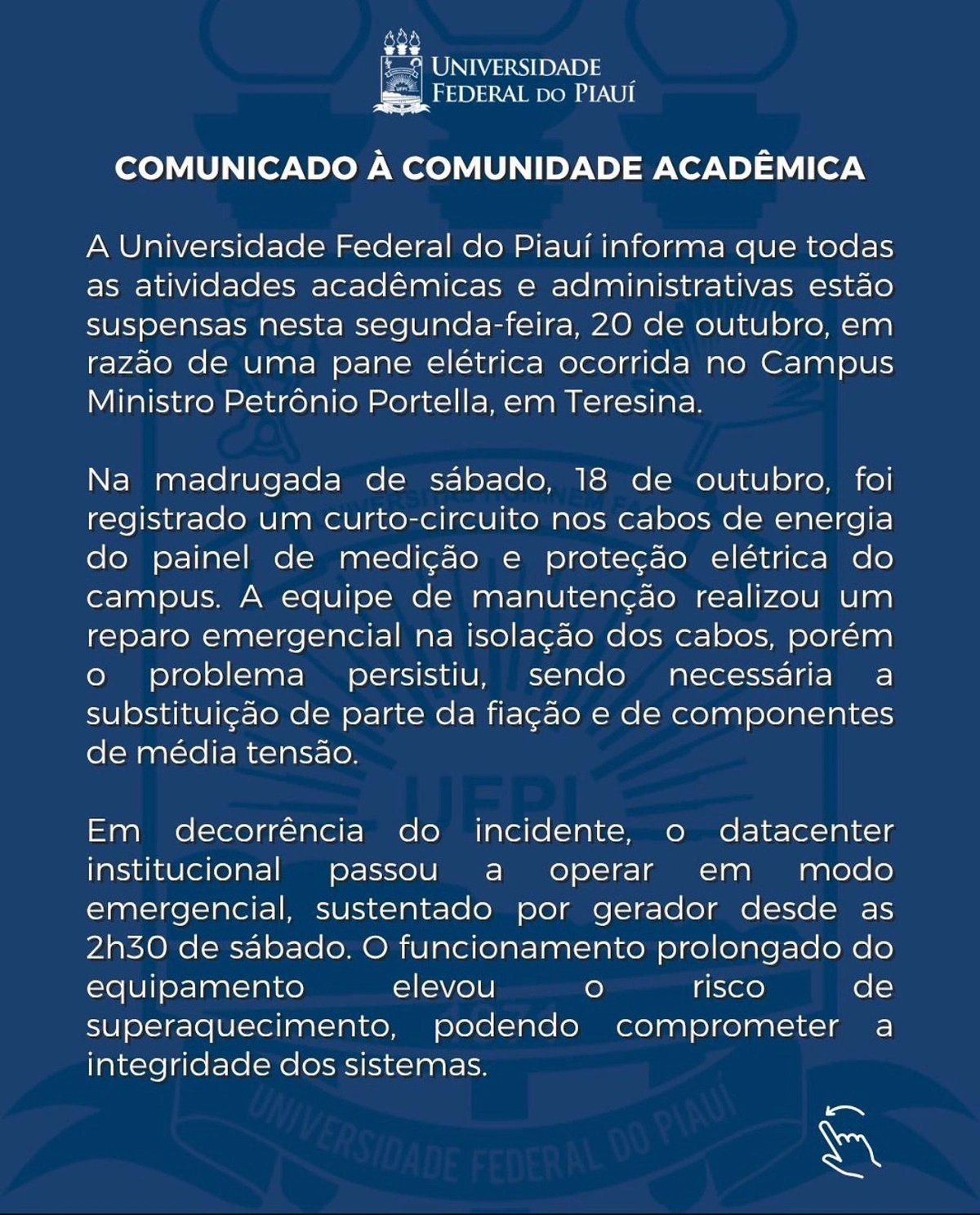 Pane elétrica suspende atividades na UFPI; sistemas e internet seguem fora do ar