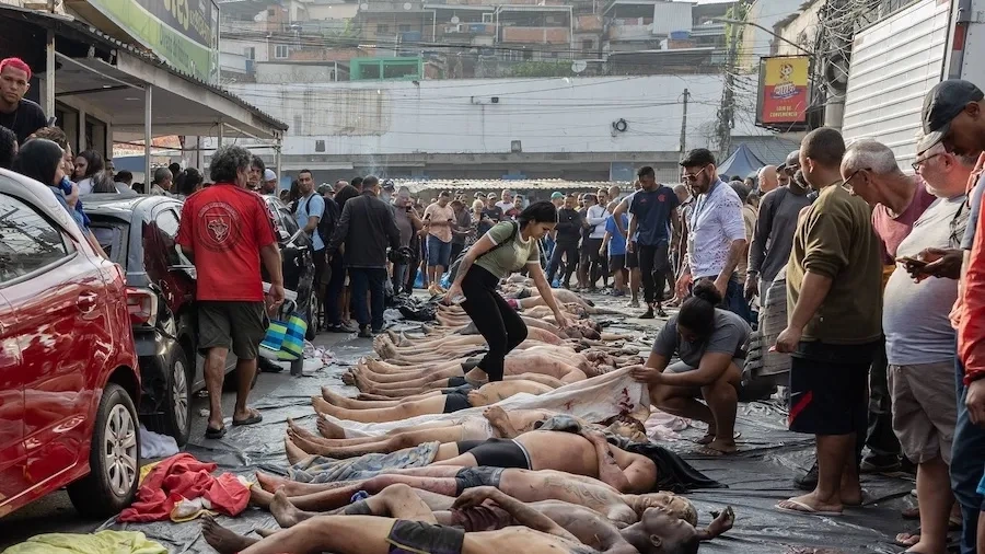 Corpos enfileirados em praça na Penha, após operação da polícia do Rio