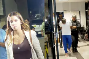 Saída de Tatiana Medeiros e Alandilson do fórum no primeiro dia de audiência (Foto: Reprodução)