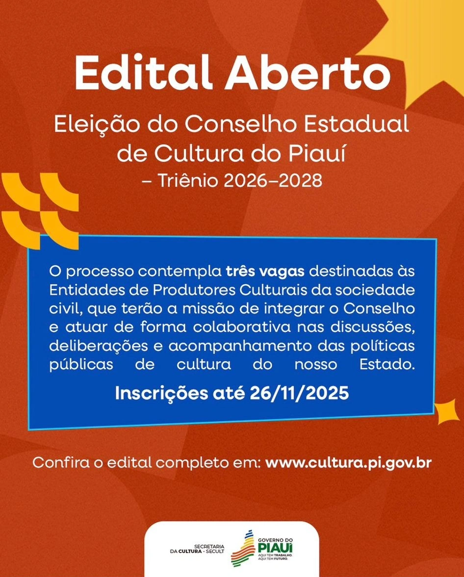 Secult abre inscrições para eleição do Conselho Estadual de Cultura do Piauí para o triênio 2026–2028