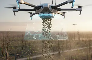 Aeronaves plantam sementes nativas com precisão cirúrgica e IA. Debate: robôs substituirão o trabalho humano na recuperação do planeta? (Foto: Eloy Figueiredo - Gemini)