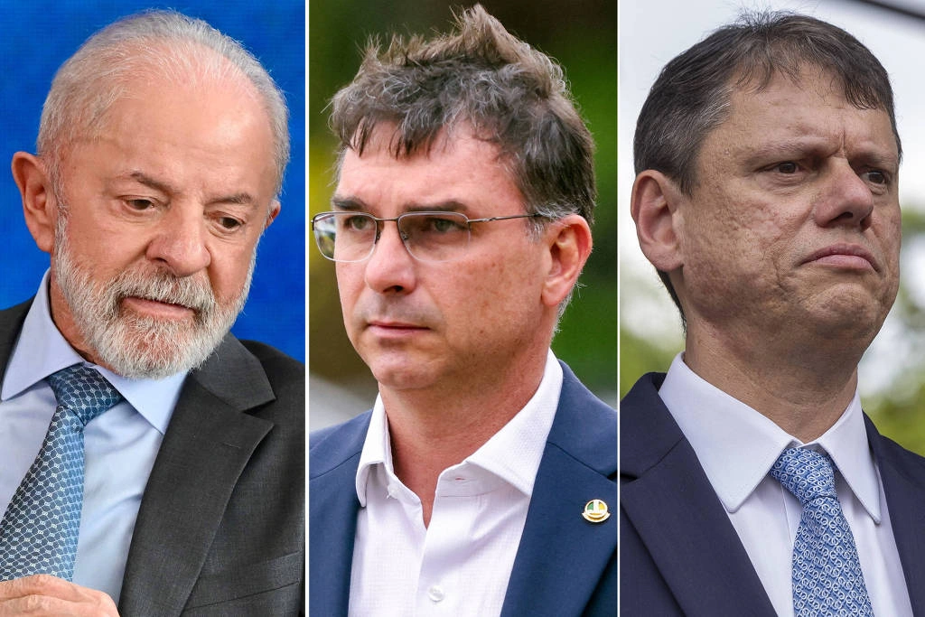 O presidente Lula (PT), o senador Flávio Bolsonaro (PL-RJ) e o governador de São Paulo, Tarcísio de Freitas (Republicanos)