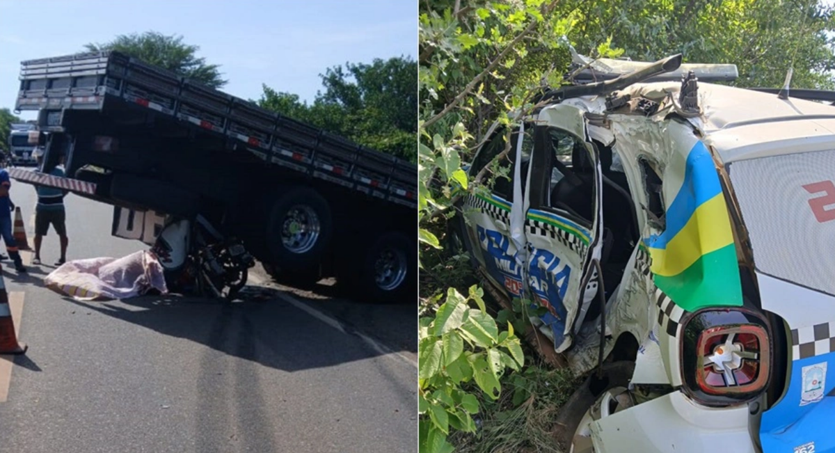 Colisão entre viatura da PM, caminhão e moto deixa dois mortos no Piauí