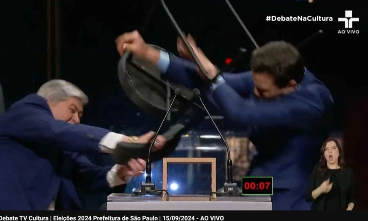 Datena bate em Pablo Marçal com banco em debate em 2024