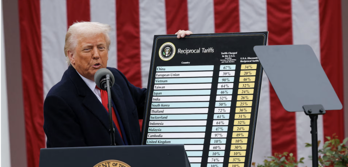 O presidente dos EUA, Donald Trump, faz comentários sobre tarifas no Rose Garden na Casa Branca em Washington, D.C., EUA, 2 de abril de 2025