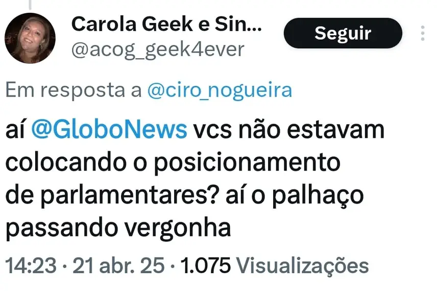 Resposta de internauta na rede social X do senador Ciro Nogueira Resposta de internauta na rede social X do senador Ciro Nogueira