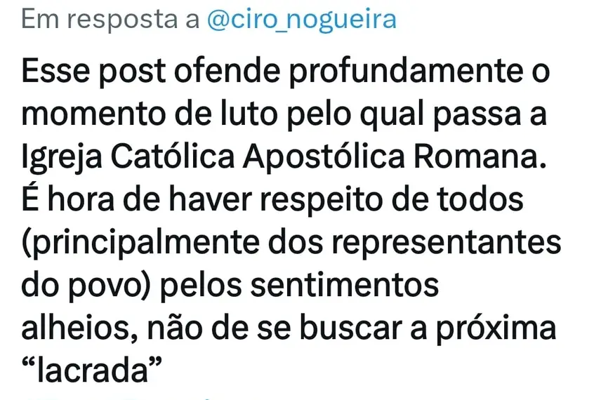 Resposta de internauta na rede social X do senador Ciro Nogueira Resposta de internauta na rede social X do senador Ciro Nogueira