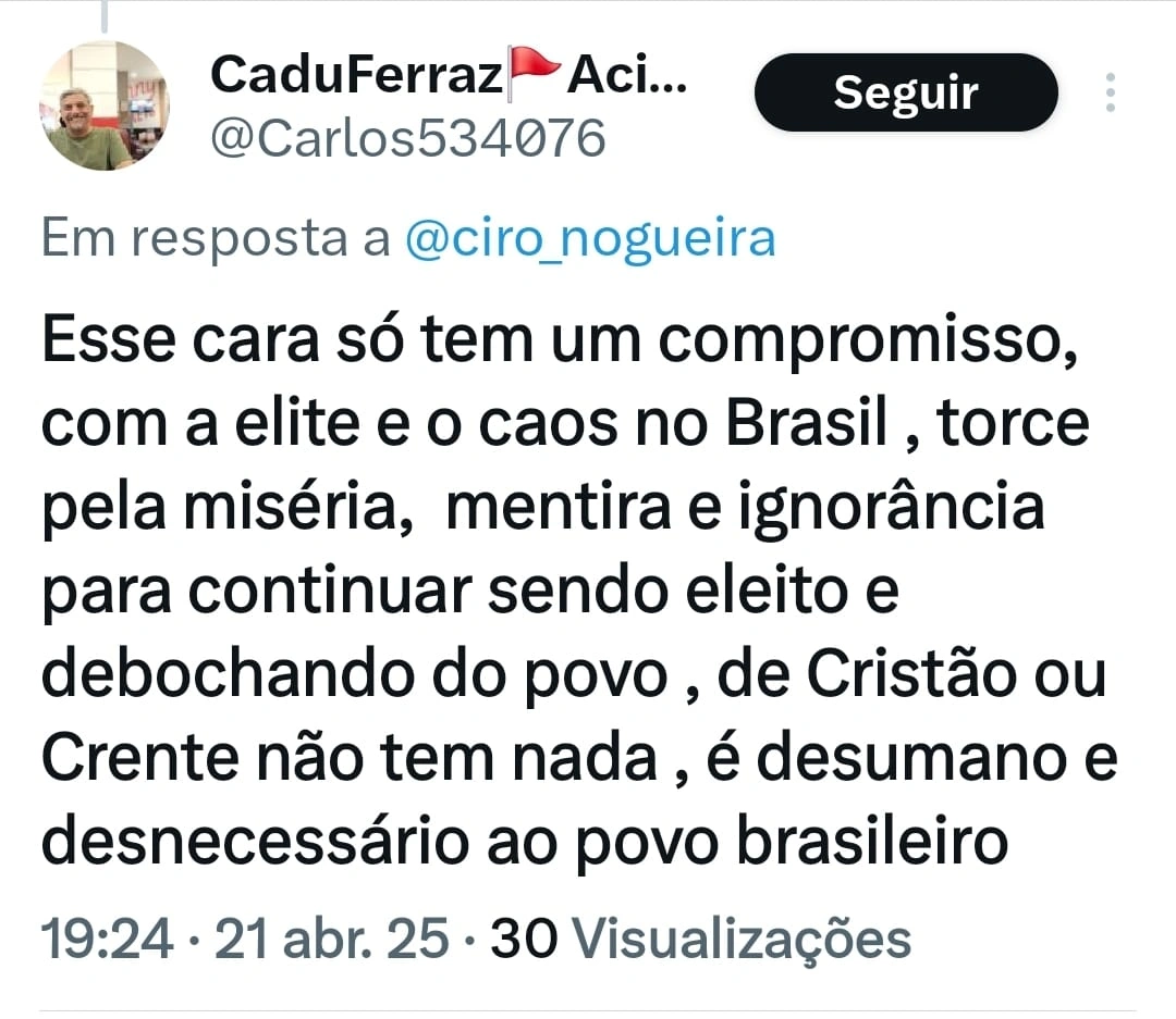 Resposta de internauta na rede social X do senador Ciro Nogueira