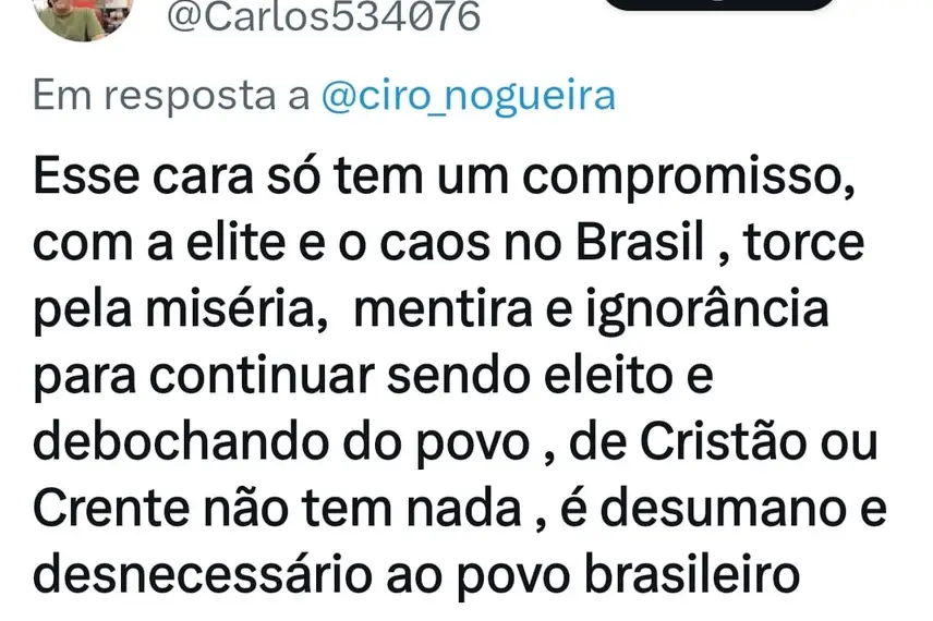 Resposta de internauta na rede social X do senador Ciro Nogueira Resposta de internauta na rede social X do senador Ciro Nogueira