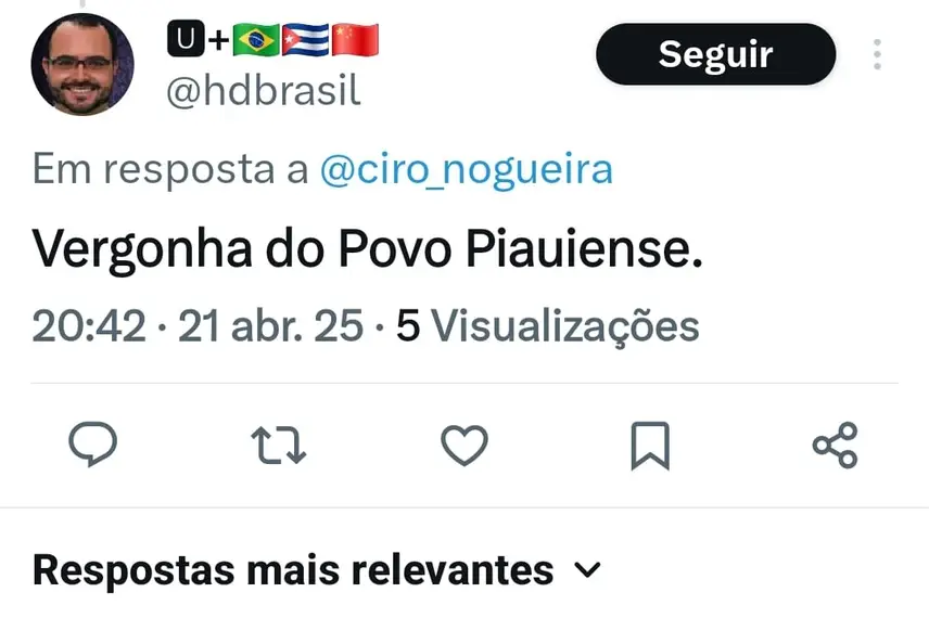 Resposta de internauta na rede social X do senador Ciro Nogueira Resposta de internauta na rede social X do senador Ciro Nogueira