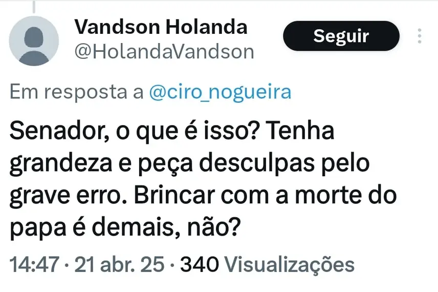 Resposta de internauta na rede social X do senador Ciro Nogueira Resposta de internauta na rede social X do senador Ciro Nogueira