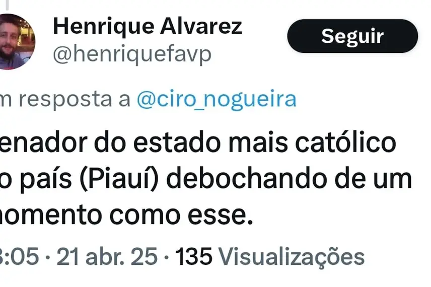 Resposta de internauta na rede social X do senador Ciro Nogueira Resposta de internauta na rede social X do senador Ciro Nogueira