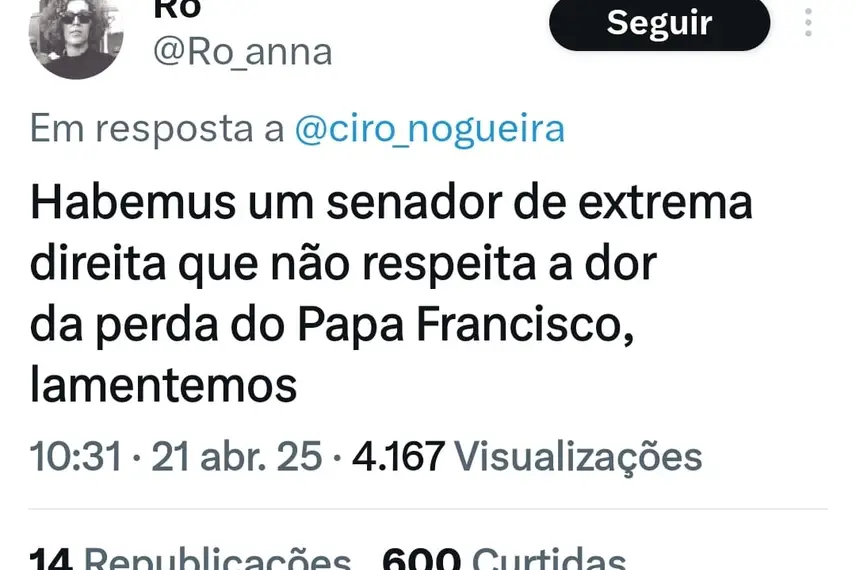 Resposta de internauta na rede social X do senador Ciro Nogueira Resposta de internauta na rede social X do senador Ciro Nogueira