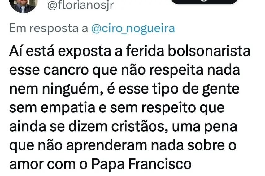 Resposta de internauta na rede social X do senador Ciro Nogueira Resposta de internauta na rede social X do senador Ciro Nogueira