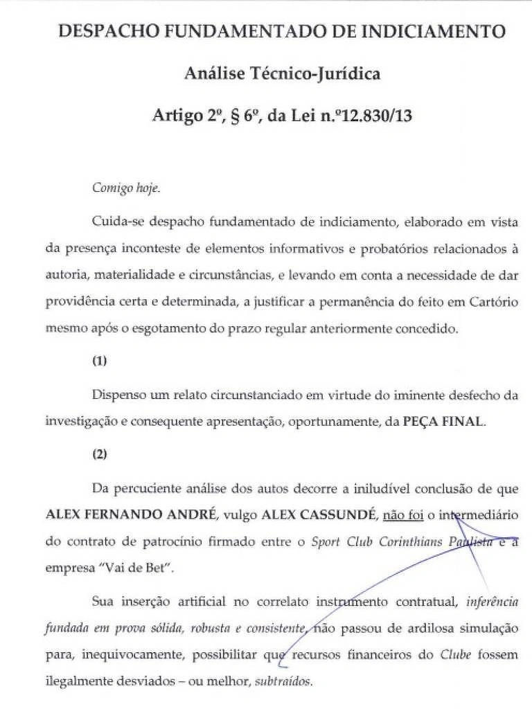 Trecho do inquérito da Polícia Civil de São Paulo com o indiciamento do presidente do Corinthians, Augusto Melo