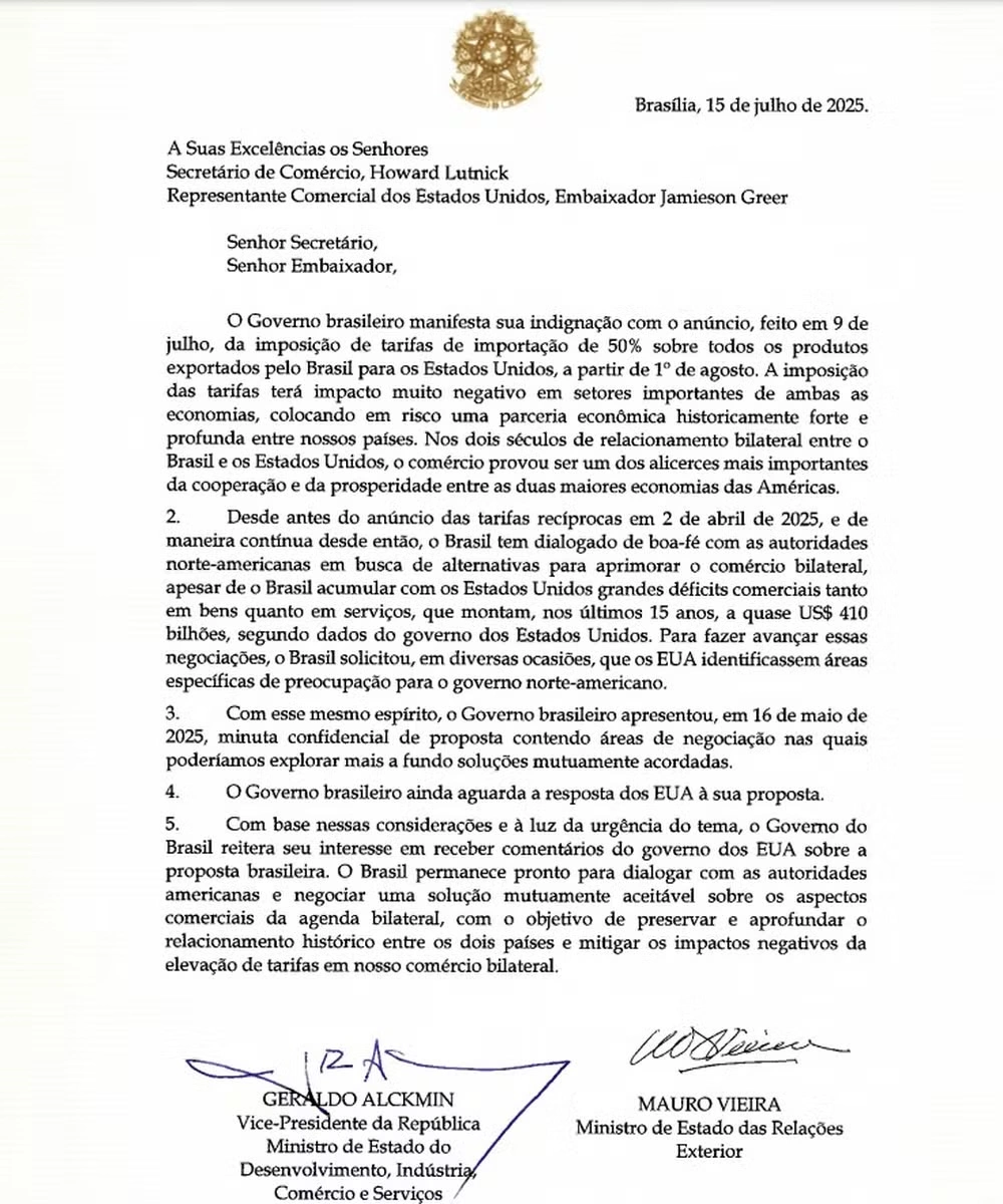Carta enviada pelo governo brasileiro aos EUA