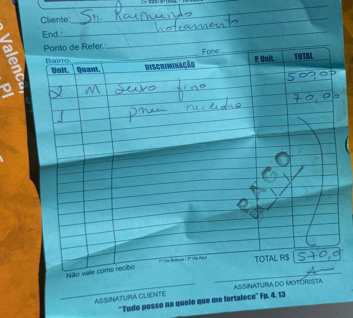 Recibo de compra de materiais
