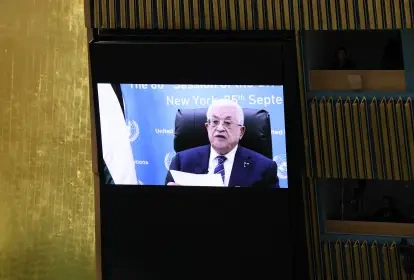 O presidente da Autoridade Palestina, Mahmoud Abbas, discursa por vídeo durante a 80ª Assembleia Geral da ONU