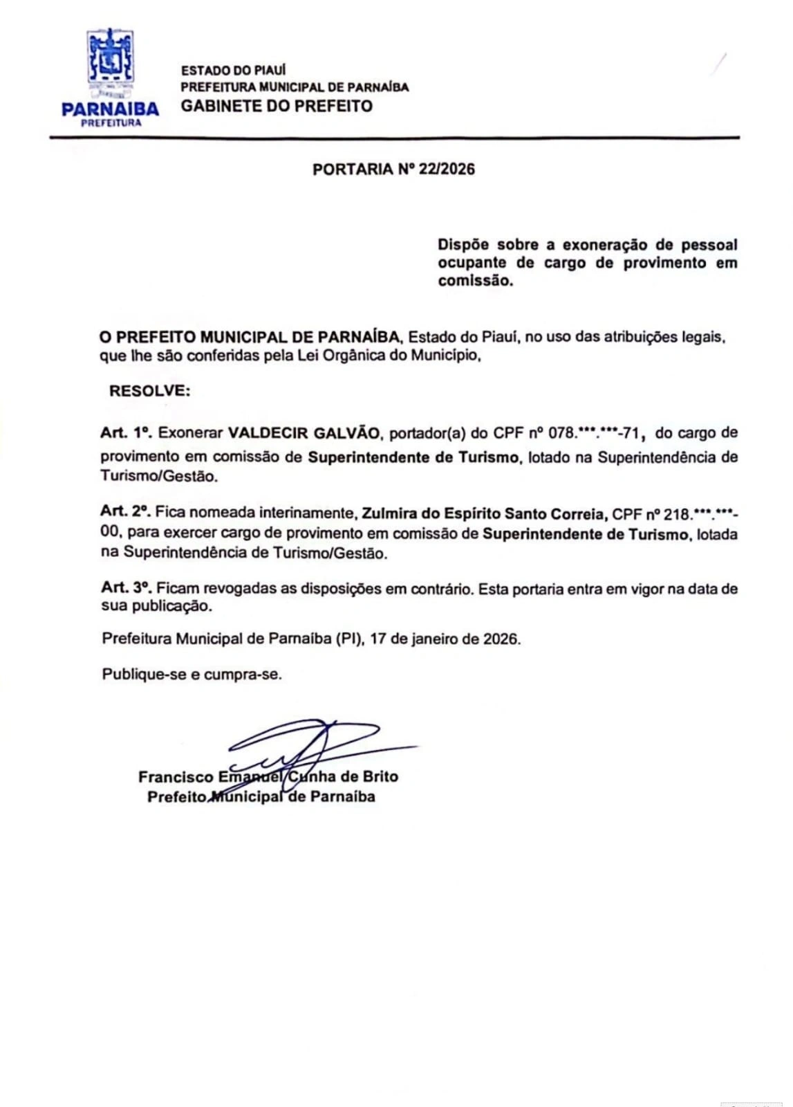 Exoneração de Valdecir Galvão