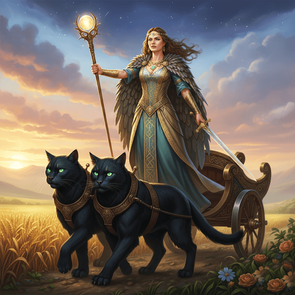Freyja, deusa nórdica da fertilidade e da magia, previa o futuro, decidia quem morreria nas batalhas e andava em carruagem puxada por dois gatos pretos