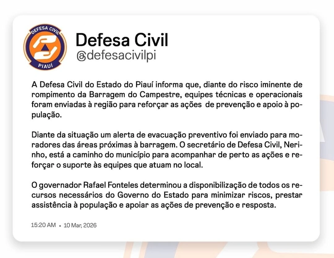 Alerta sobre risco de uma Barragem se romper