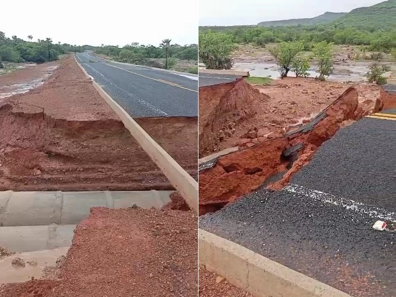 As fortes chuvas provocaram o rompimento de um trecho da PI-221, rodovia que liga o município de Castelo do Piauí ao Cânion do Poti