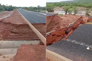 As fortes chuvas provocaram o rompimento de um trecho da PI-221, rodovia que liga o município de Castelo do Piauí ao Cânion do Poti (Foto: Reprodução)