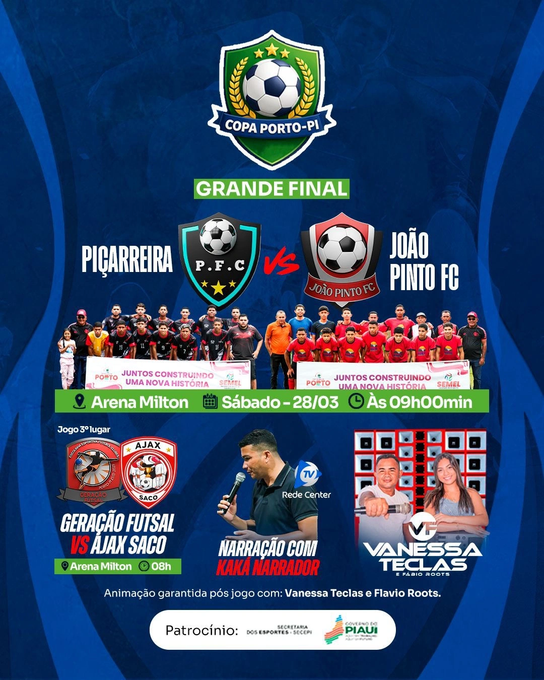 COPA PORTO: Grande final acontece dia 28 de março na Arena Milton Sérgio em Porto Piauí.  O esporte mais popular do planeta vai tomar conta da cidade de Porto em um dos momentos mais aguardados do calendário esportivo local. A grande final da Copa Porto de Futebol já tem data, hora e palco definidos: será no dia 28 de março, às 8h da manhã, na Arena Milton Sérgio.