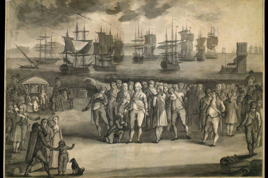 Gravura que representa o desembarque da família real portuguesa no Brasil, do acervo da Biblioteca Nacional