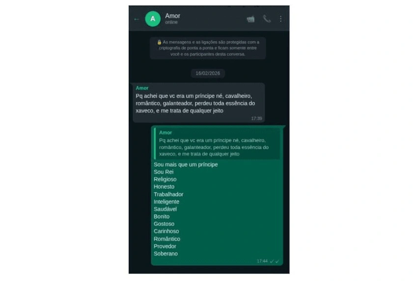 Mensagens trocadas pelo Whatsapp entre o tenente-coronel da Polícia Militar Geraldo Leite Rosa Neto e a soldado Gisele Alves Santana
