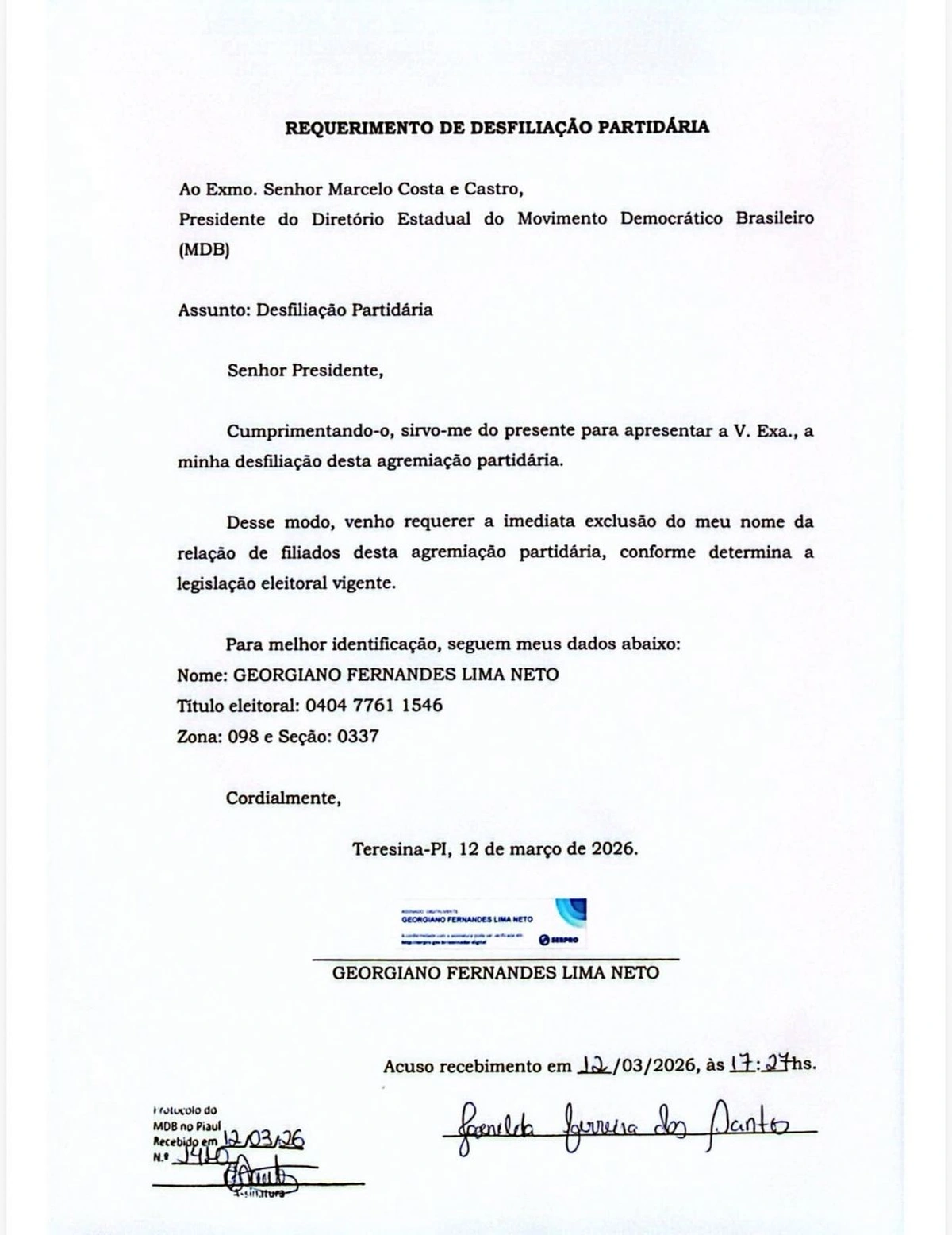 Requerimento do deputado Georgiano Neto sem necessidade legal mas, para gerar fato
