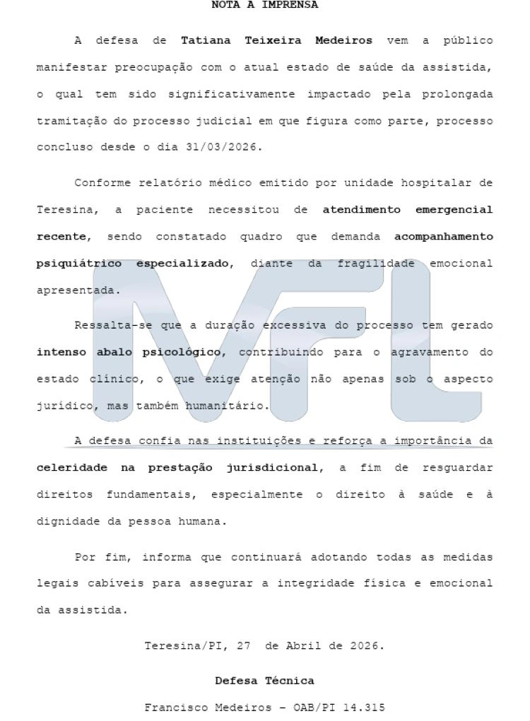Nota da defesa de Tatiana Medeiros