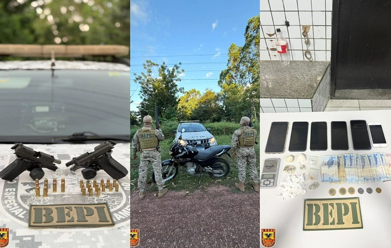 Ao todo, foram apreendidas duas armas de fogo, carregadores, munições, drogas e o veículo apontado como utilizado pelos suspeitos (BEPI)