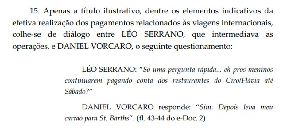 Diálogo entre Leo Serrano e Daniel Vorcaro, presente nas investigações da Polícia Federal no âmbito da Operação Compliance Zero