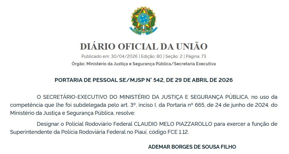 Portaria de nomeação de Claudio Piazzarollo