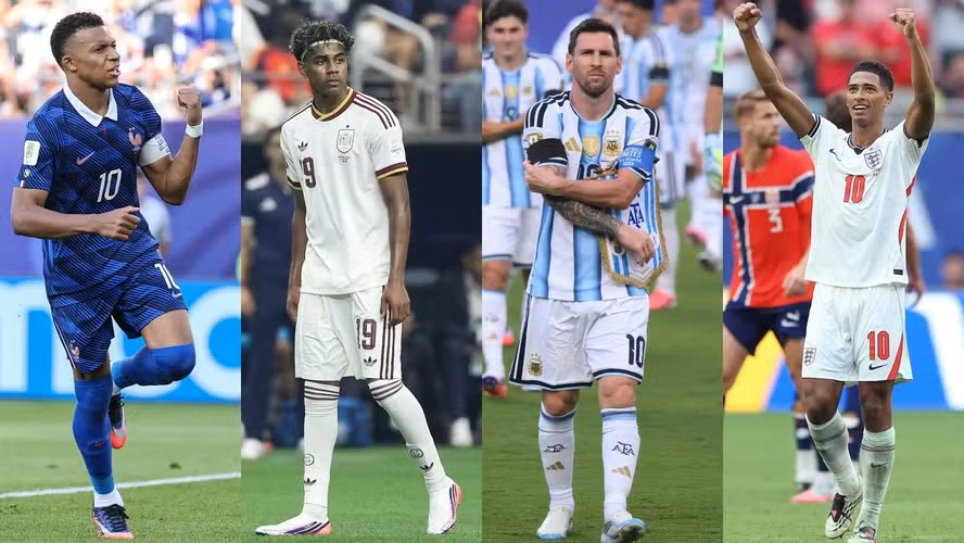 Kylian Mbappé, da França; Lamine Yamal, da Espanha; Lionel Messi, da Argentina e Jude Bellingham, da Inglaterra