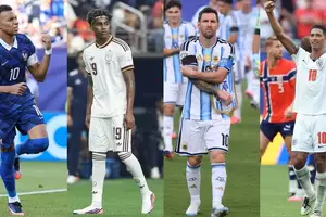 Kylian Mbappé, da França; Lamine Yamal, da Espanha; Lionel Messi, da Argentina e Jude Bellingham, da Inglaterra (Foto: Dan Mullan/Getty Images/AFP; Aric Becker / AFP; David Ramos/Getty Images/AFP e PATRICIA DE MELO MOREIRA / AFP)