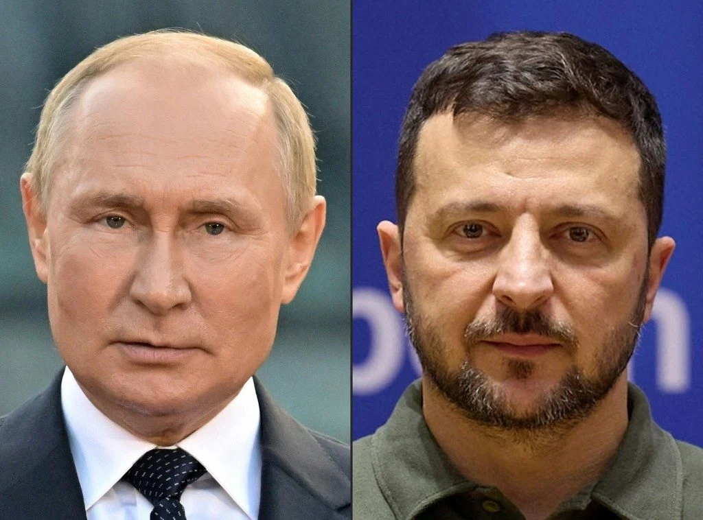 Montagem com os presidentes da Rússia, Vladimir Putin, e da Ucrânia, Volodymyr Zelensky