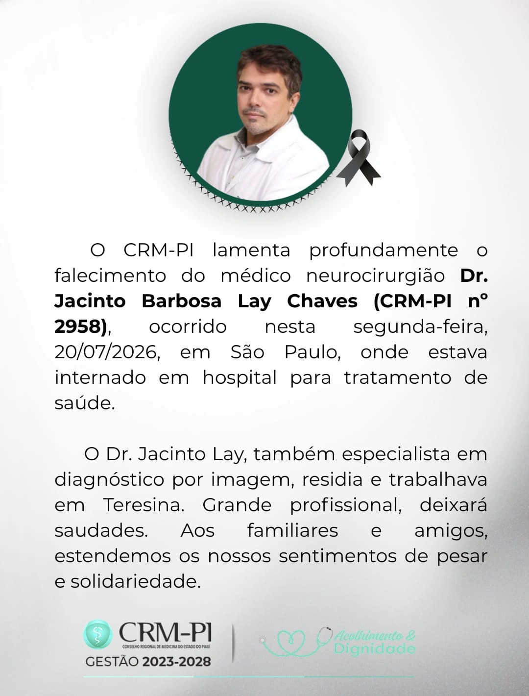 Nota de pesar pelo falecimento de Jacinto Lay