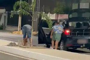 Casal suspeito de furtar blocos de concreto utilizados nas obras de revitalização da Avenida Pinheiro Machado, em Parnaíba (Foto: Reprodução)